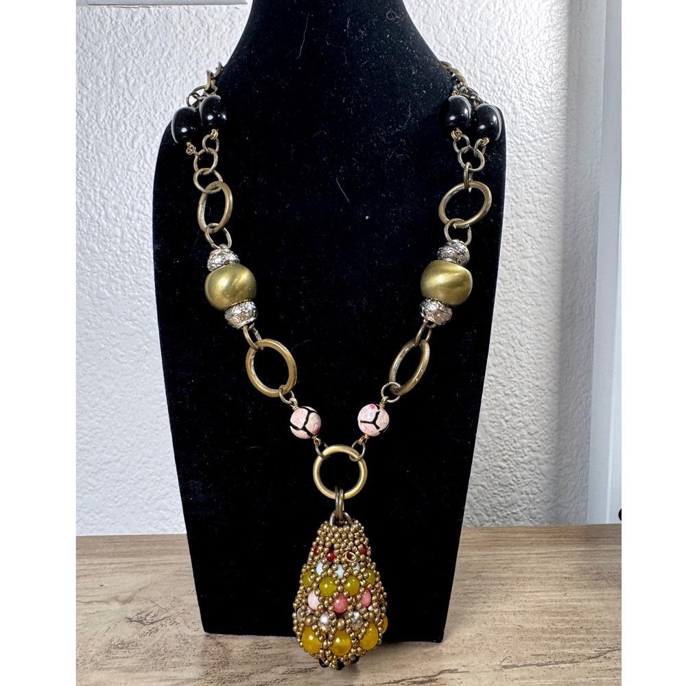 Anthropologie‎ Pam Hiran Beaded Pendant Statement Necklace Colorful Boho Jewelry